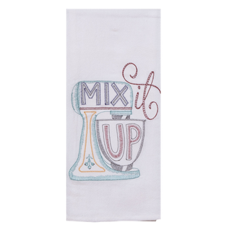 Kitchen towel with mixer graphic and 'Mix it Up' text on a white background