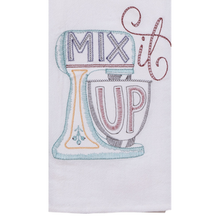 Embroidered towel with a mixer design and 'Mix it Up' text on a white background