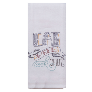 A white kitchen towel featuring the embroidered text 'EAT WELL cook OFTEN' in gray, orange, and blue thread on a plain white background.